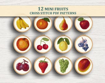 Paquete de 12 patrones de punto de cruz de mini frutas en formato PDF: lindos bordados de manzanas y fresas, descarga instantánea.