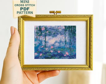 クロスステッチ作品　モネ　睡蓮 クロード・モネの「睡蓮」ミニ傑作クロスステッチ完成品 - Etsy 日本