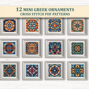 May include: Twelve framed cross-stitch patterns featuring mini Greek ornament designs. Each framed artwork showcases a unique, colorful, symmetrical pattern in shades of blue, orange, and red. The text "12 MINI GREEK ORNAMENTS CROSS STITCH PDF PATTERNS" is displayed above the frames.