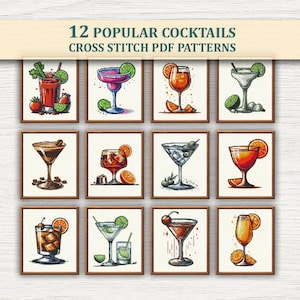 Puede incluir: Doce ilustraciones enmarcadas de cócteles populares, cada una en un vaso diferente, con adornos como lima, rodajas de naranja y cerezas. El texto "12 POPULAR COCKTAILS CROSS STITCH PDF PATTERNS" se muestra encima de las imágenes.