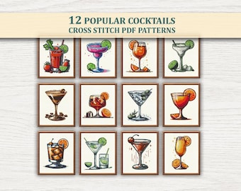 May include: Twelve framed illustrations of popular cocktails, each in a different glass, with garnishes like lime, orange slices, and cherries. The text "12 POPULAR COCKTAILS CROSS STITCH PDF PATTERNS" is displayed above the images.