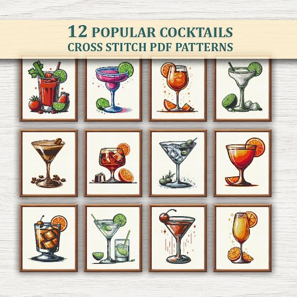Peut inclure: Douze illustrations encadrées de cocktails populaires, chacune dans un verre différent, avec des garnitures comme de la lime, des tranches d'orange et des cerises. Le texte "12 POPULAR COCKTAILS CROSS STITCH PDF PATTERNS" est affiché au-dessus.