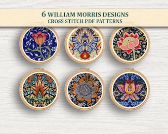 6 William Morris bloemen kruissteekpatronen pdf-bundel – Arts & Crafts-borduurwerk, direct downloaden