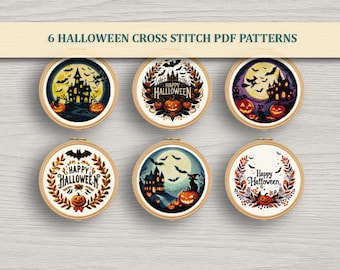 6 Halloween-spökkatt med Jack-O-Lantern-korsstygnsmönster i PDF-paket – Julbroderi, direktnedladdning