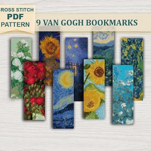 Peut inclure: Neuf marque-pages rectangulaires avec des motifs de point de croix inspirés des peintures de Van Gogh. Les marque-pages présentent des scènes florales et de paysages dans diverses couleurs, notamment des tournesols, des nuits étoilées et des compositions florales. Le texte "CROSS STITCH PDF PATTERN 9 VAN GOGH BOOKMARKS" est visible.