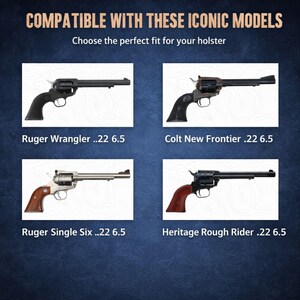 Może przedstawiać: Obraz przedstawiający cztery rewolwery: Ruger Wrangler, Colt New Frontier, Ruger Single Six i Heritage Rough Rider. Tekst "KOMPATYBILNY Z TYMI IKONICZNYMI MODELAMI" i "Wybierz idealne dopasowanie do swojej kabury" są wyświetlane u g&oacute;ry.