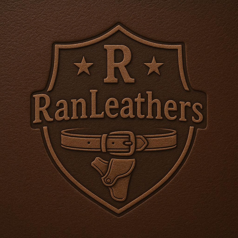Może przedstawiać: Brązowe sk&oacute;rzane logo w kształcie tarczy z napisem "RanLeathers" oraz wzorem paska i kabury. Logo zawiera r&oacute;wnież literę "R" i dwie gwiazdki. Tło to teksturowana brązowa sk&oacute;ra.