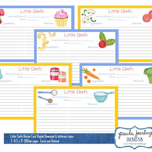 Pequenos chefs, cartões de receitas infantis para impressão, cartão de receitas 4 x 6, download digital de receitas infantis, cartões de receitas ilustrados para crianças
