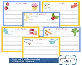 Little Chefs, Printable Kids Recipe Cards, 4 x 6 Recipe Card, Kids Recipe Digital Download, Illustrated Recipe Cards for Kids