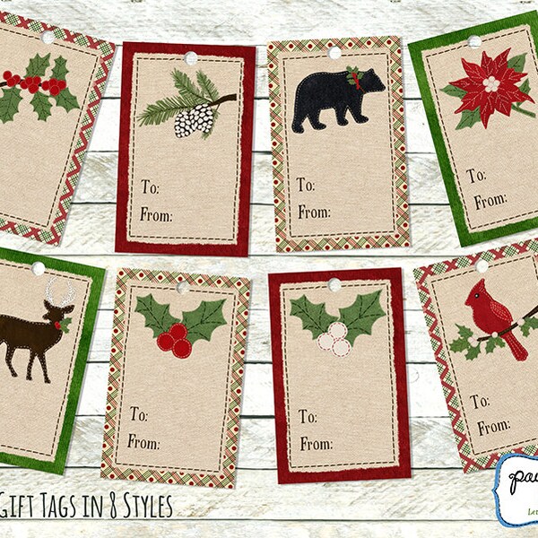 Printable Stitched Felt Christmas Gift Tags, Holiday Gift Tags, Christmas Tags, Christmas Digital Download, Rustic Christmas Gift Cards,