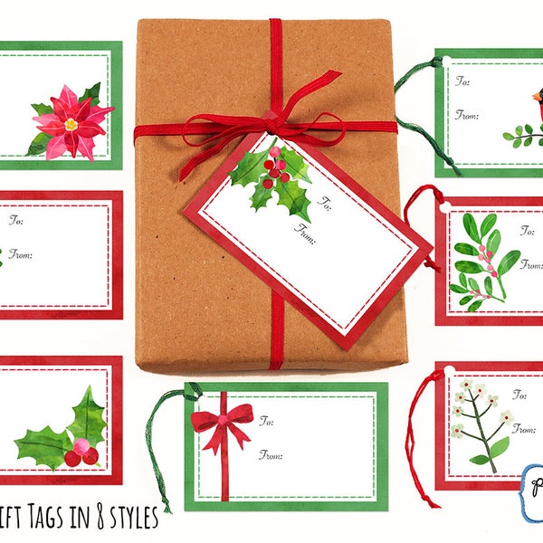 Printable Christmas Gift Tags, Holiday Gift Tags, Christmas Tags, Christmas Digital Download, Winter Greenery, Vintage Christmas Gift Cards