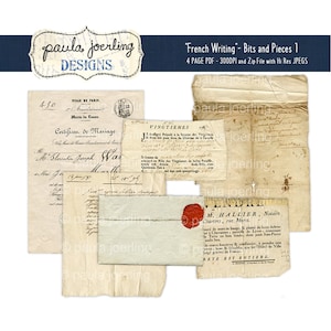 Escritura francesa, documento francés, imprimible, descarga digital, efímera, sello de cera, papel de álbum de recortes de escritura a mano, certificado de matrimonio francés