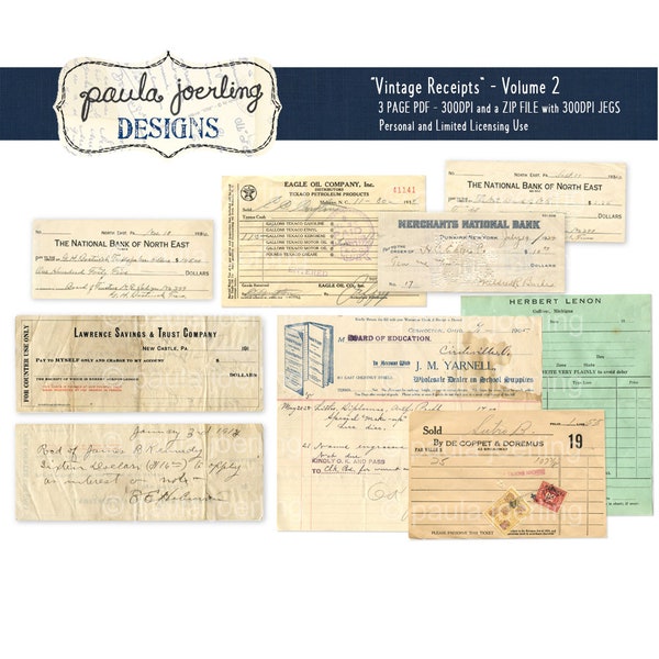 Printable Old Receipts, Digital Download, Vintage Ephemera, Scrapbook Paper, Old Invoice, Old Stamps, Old Documents, Cursive handwriting