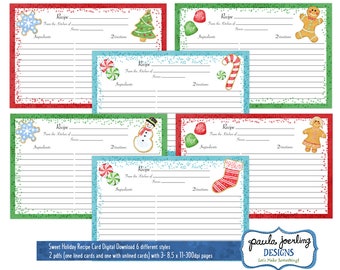 May include: Six printable recipe cards with a Christmas theme. Each card features a different holiday design, including a snowflake, a Christmas tree, candy canes, a snowman, a stocking, and a gingerbread person. The cards are decorated with red, green, and blue glitter.