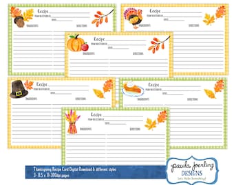 Printable Thanksgiving Recipe Cards, Thanksgiving Watercolor 4 x 6 Recipe Card, Thanksgiving, Thanksgiving Digital Download, Hostess Gift