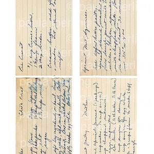 May include: Four vintage recipe cards with handwritten instructions for making pie crust, waffles, apricot pastry, and apricot nut squares. The cards are yellowed with age and have blue ink.