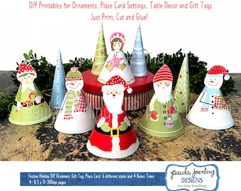 Ornements de Noël bricolage imprimables, étiquettes-cadeaux bricolage, décor de table, bonhomme de neige mignon, ange, père Noël, gnome, elfe, décor de vacances festif, dessus de table