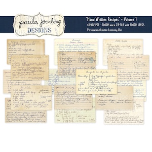 Tarjetas de recetas escritas a mano vintage, Descargar, Imprimible, Descarga digital, Efímera, Papel de álbum de recortes, Escrito a mano, Escritura cursiva
