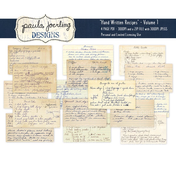 Vintage Handwritten Recipe Cards, Download, Printable, Digital Download, Ephemera, Scrapbook Paper, Hand Written, Cursive handwriting
