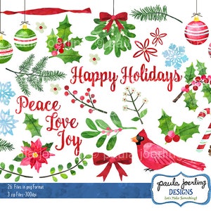 Christmas Flora Clip Art, Watercolor Winter Holiday Clip Art, Digital Download, Instant Download, Winter Clip Art, Hand Drawn,Cardinal,Holly
