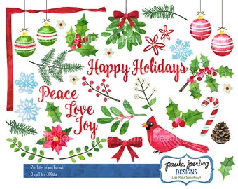 Christmas Flora Clip Art, Watercolor Winter Holiday Clip Art, Téléchargement numérique, Téléchargement instantané, Winter Clip Art, Hand Drawn,Cardinal,Holly