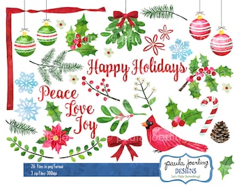 May include: A watercolor illustration set featuring Christmas and winter holiday elements. The set includes holly, mistletoe, snowflakes, ornaments, a cardinal, a candy cane, a pine cone, a poinsettia, and a banner with the text "Happy Holidays". The set also includes the words "Peace", "Love", and "Joy" in a festive font.