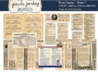 Recipes Clippings Download,Recipes Ephemera, Printable, Digital Download, Scrapbook Paper, Old Newspaper Clippings, Vintage Cookbook
