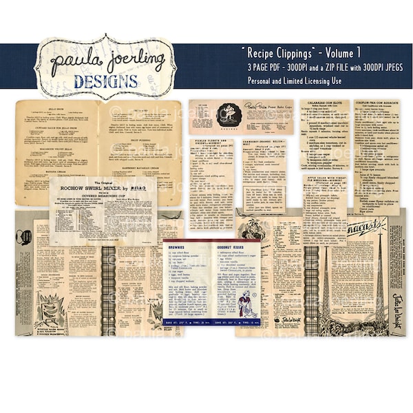 Recipes Clippings Download,Recipes Ephemera, Printable, Digital Download, Scrapbook Paper, Old Newspaper Clippings, Vintage Cookbook