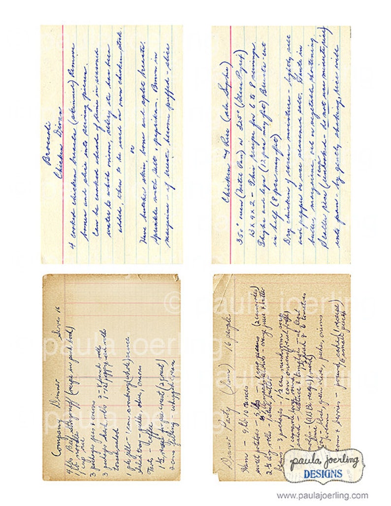 May include: Four vintage recipe cards with handwritten instructions for a company dinner, chicken dinner, chicken and rice, and a dinner party. The cards are on lined paper with a yellowed, aged appearance.