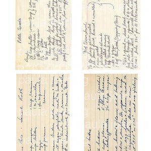 May include: Vintage recipe cards with handwritten instructions for making various dishes, including Cherry Pie, Sarah Rath's Cheese Cake, Apfel Kiche, and Petite Quiches. The cards have a yellowed, aged paper texture.