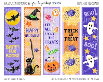 Printable Halloween Bookmarks, Halloween Party Favor, Classroom Treats, Halloween Digital Download, Halloween Bookmark, Ghost, Pumpkin, Bats