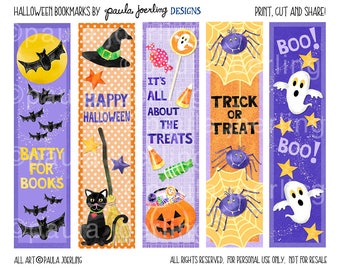 Printable Halloween Bookmarks, Halloween Party Favor, Classroom Treats, Halloween Digital Download, Halloween Bookmark, Ghost, Pumpkin, Bats