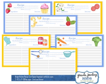 Printable Recipe Cards, Bright Kitchen 4 x 6 Recipe Card, Food Themed Recipe Digital Download, Illustrated Recipe Cards