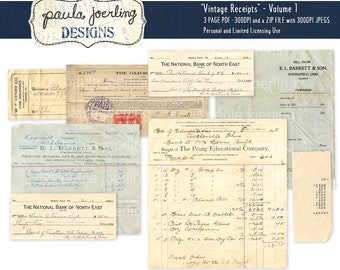 Imprimable, vintage Receipts Digital Download, Ephemera, Scrapbook Paper, 1800's and 1900's, Old Invoice, Old Documents, Cursive handwriting