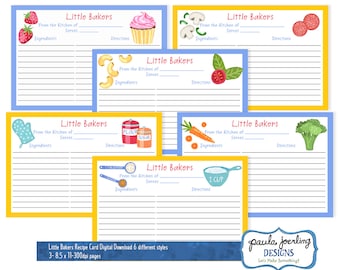 Little Baker Printable Kids Recipe Cards, 4 x 6 Recipe Card, Kids Recipe Digital Download, Illustrated Recipe Cards for Kids