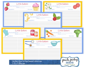 Little Baker Printable Kids Recipe Cards, 4 x 6 Recipe Card, Kids Recipe Digital Download, Illustrated Recipe Cards for Kids