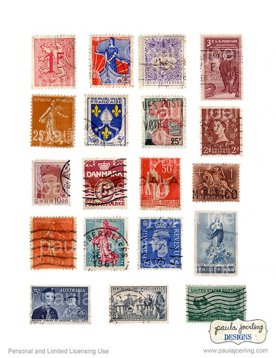 Printable Vintage Postage Stamp Collage Scrapbooking Digital