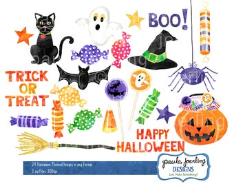 Halloween Clip Art, Watercolor Halloween Clip Art, Digital Download, Instant Download, Halloween Party Clip Art, Pumpkin, Halloween Candy