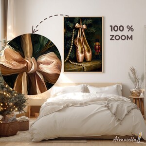 May include: A framed painting depicts ballet pointe shoes hanging from a bow, with a pearl necklace and a toy soldier. The painting is in a bedroom with a bed, a small Christmas tree, and the text "100% ZOOM".