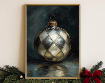 Harlequin Bauble Christmas Wall Art, Holiday Printable Silver Chrome Decor, Digital Download