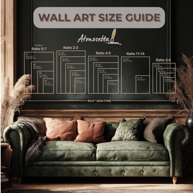 May include: A wall art size guide with dimensions in inches and centimeters. The guide includes sizes for various ratios, such as 5:7, 2:3, 4:5, 11:14, and 3:4. The image features a green sofa with pillows and decorative elements.