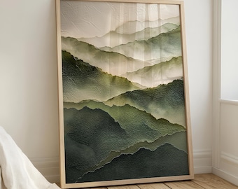 May include: A framed art print featuring a layered mountain landscape in shades of green and beige. The artwork has a textured appearance, with the mountains overlapping to create depth. The frame is made of light-colored wood, adding a natural touch to the piece.