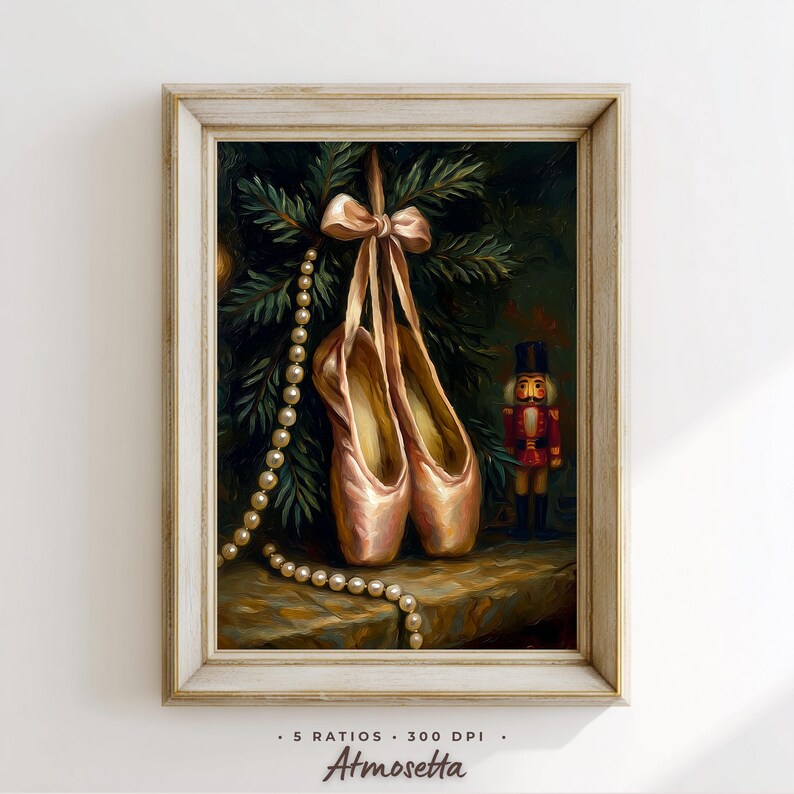 Framed Nutcracker Christmas print styled in a cozy living room with soft candlelight and a simple evergreen sprig. 5 rations 300 DPI