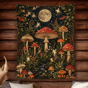 Förtrollad svampskogsgobeläng, Fairycore skogsmarkväggbonad, mystisk natur sovrumsdekor, Cottagecore fantasikonst, present till vän