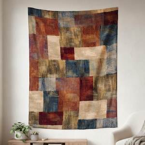 Tapisserie patchwork rustique, art mural géométrique abstrait, décoration de chambre style ferme vintage, fond neutre pour dortoir, décoration bohème, cadeaux pour une maison chaleureuse image 1