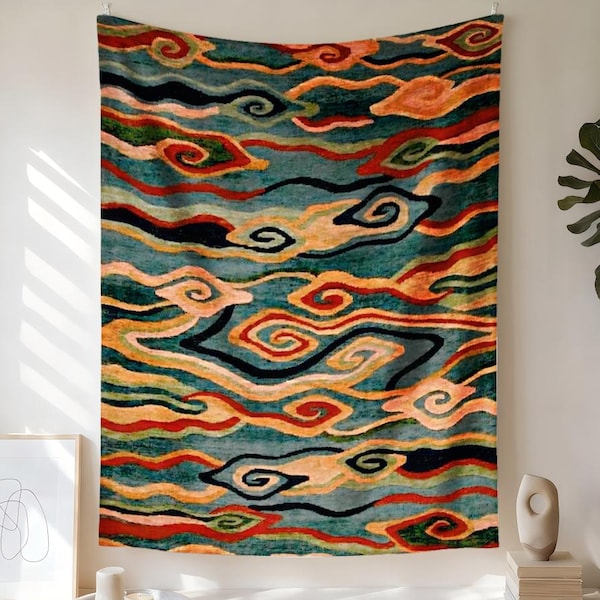Abstract Tribal Tapestry, Boho Ethnic Wall Hanging,Colorful Wavy Pattern Bedroom Decor,Retro Dorm Backdrop,Eclectic Decor,Artistic Home Gift