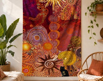 May include: A rectangular wall tapestry featuring a vibrant abstract design with multiple sun motifs, concentric circles, and swirling patterns in shades of deep red, orange, yellow, and purple, including a small black cat silhouette at the bottom.