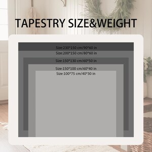 Peut inclure: Un tableau rectangulaire intitul&eacute; TAPESTRY SIZE&WEIGHT affichant cinq rectangles gris imbriqu&eacute;s repr&eacute;sentant diff&eacute;rentes tailles. Le texte indique les dimensions en centim&egrave;tres et en pouces : 230x150 cm/90x60 in, 200x150 cm/80x60 in, 150x130 cm/60x50 in, 150x100 cm/60x40 in et 100x75 cm/40x30 in.