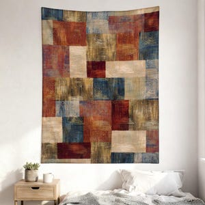 Tapisserie patchwork rustique, art mural géométrique abstrait, décoration de chambre style ferme vintage, fond neutre pour dortoir, décoration bohème, cadeaux pour une maison chaleureuse image 7