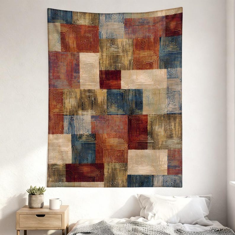 Tapisserie patchwork rustique, art mural géométrique abstrait, décoration de chambre style ferme vintage, fond neutre pour dortoir, décoration bohème, cadeaux pour une maison chaleureuse image 7